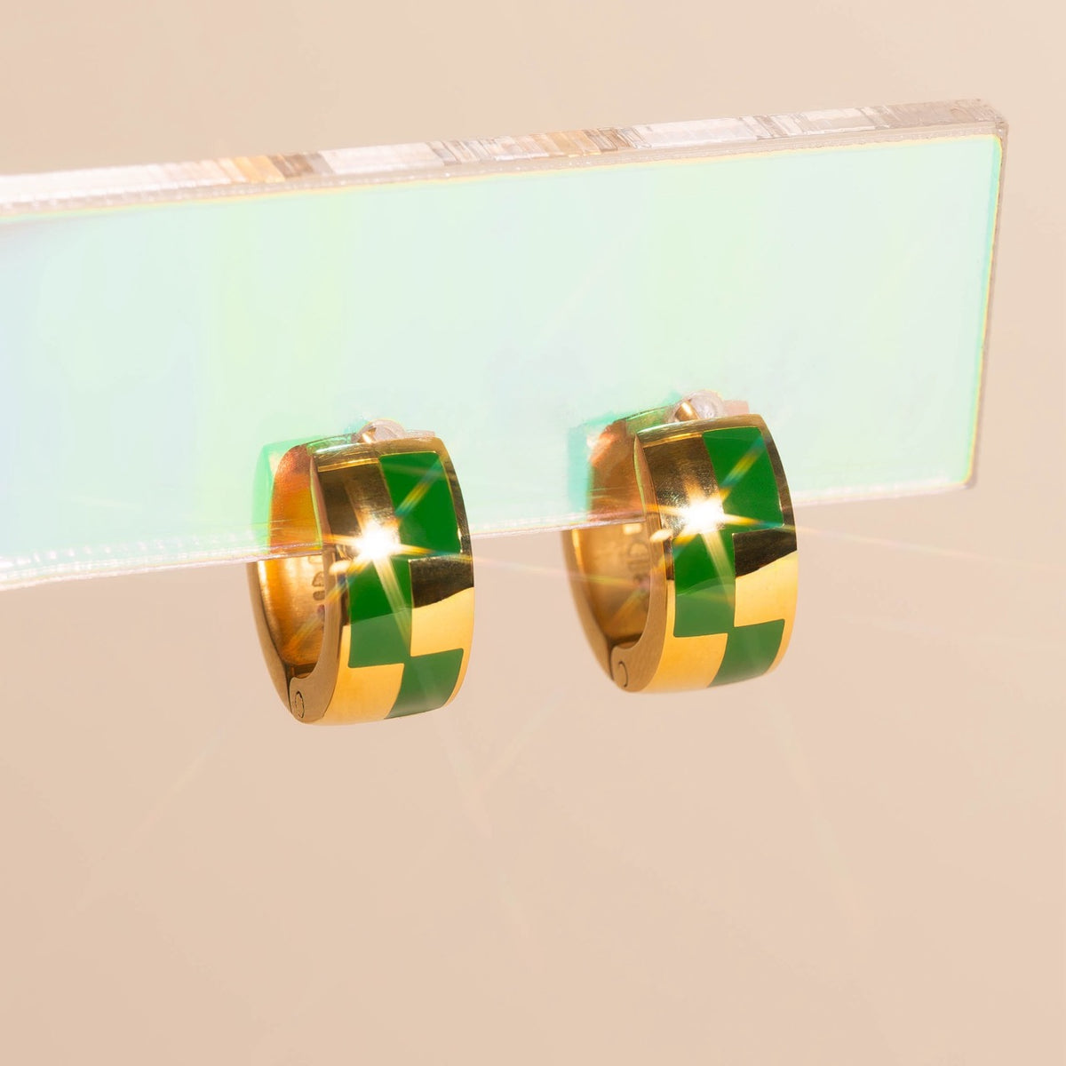 9mm Block Checkered Super Chunky Huggie Hoop Earrings