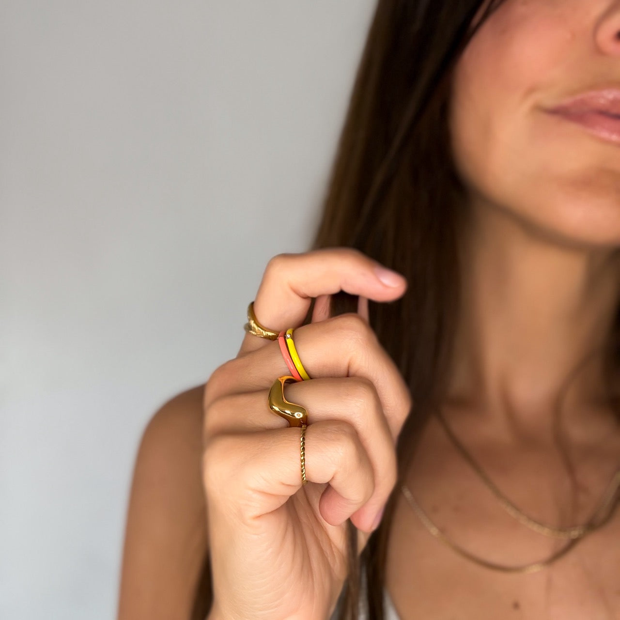 Neon Yellow & Pink Crystal Stacker Ring