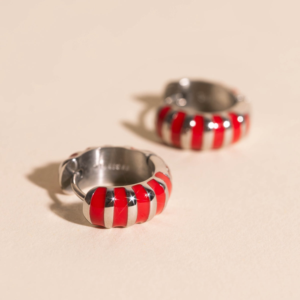Red Striped Rounded Super Chunky Huggie Hoop Earrings