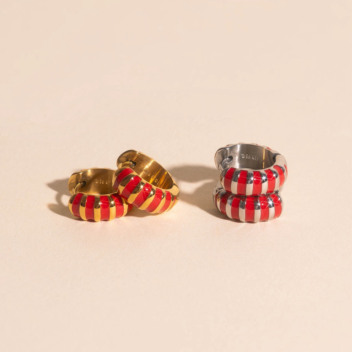 Red Striped Rounded Super Chunky Huggie Hoop Earrings