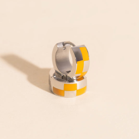 9mm Block Checkered Super Chunky Huggie Hoop Earrings