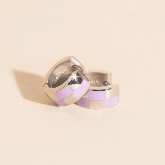 9mm Block Checkered Super Chunky Huggie Hoop Earrings