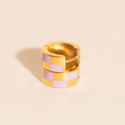 9mm Block Checkered Super Chunky Huggie Hoop Earrings