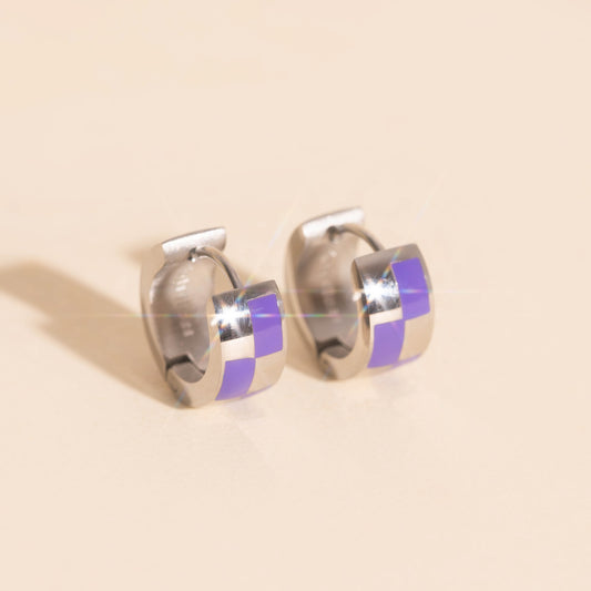 9mm Block Checkered Super Chunky Huggie Hoop Earrings