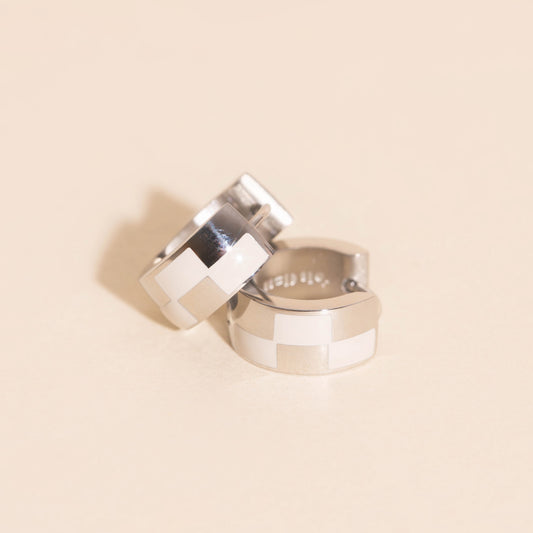 9mm Block Checkered Super Chunky Huggie Hoop Earrings