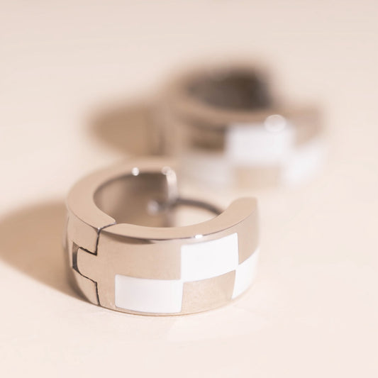9mm Block Checkered Super Chunky Huggie Hoop Earrings