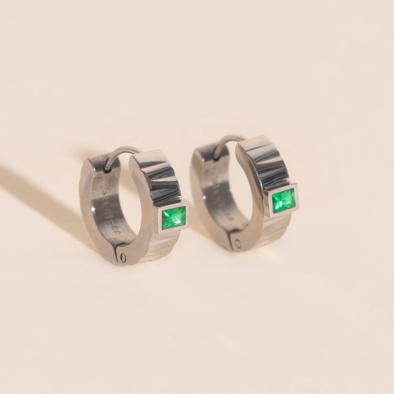 Textured Emerald Crystal Chunky Huggie Hoop Earrings