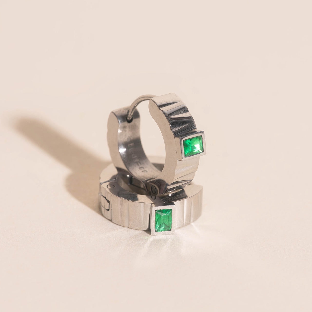 Textured Emerald Crystal Chunky Huggie Hoop Earrings