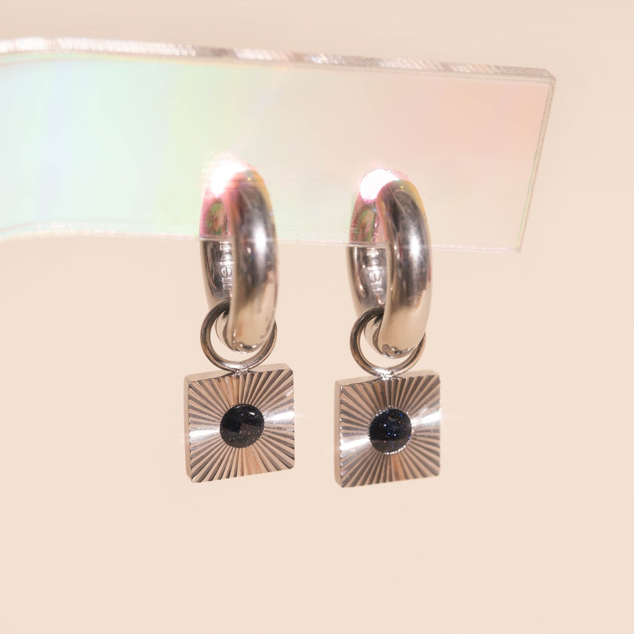 Black Stone Chunky Huggie Hoop Charms