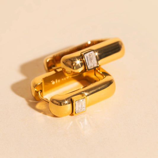 Crystal Chunky Rounded Rectangle Huggie Hoop Earrings