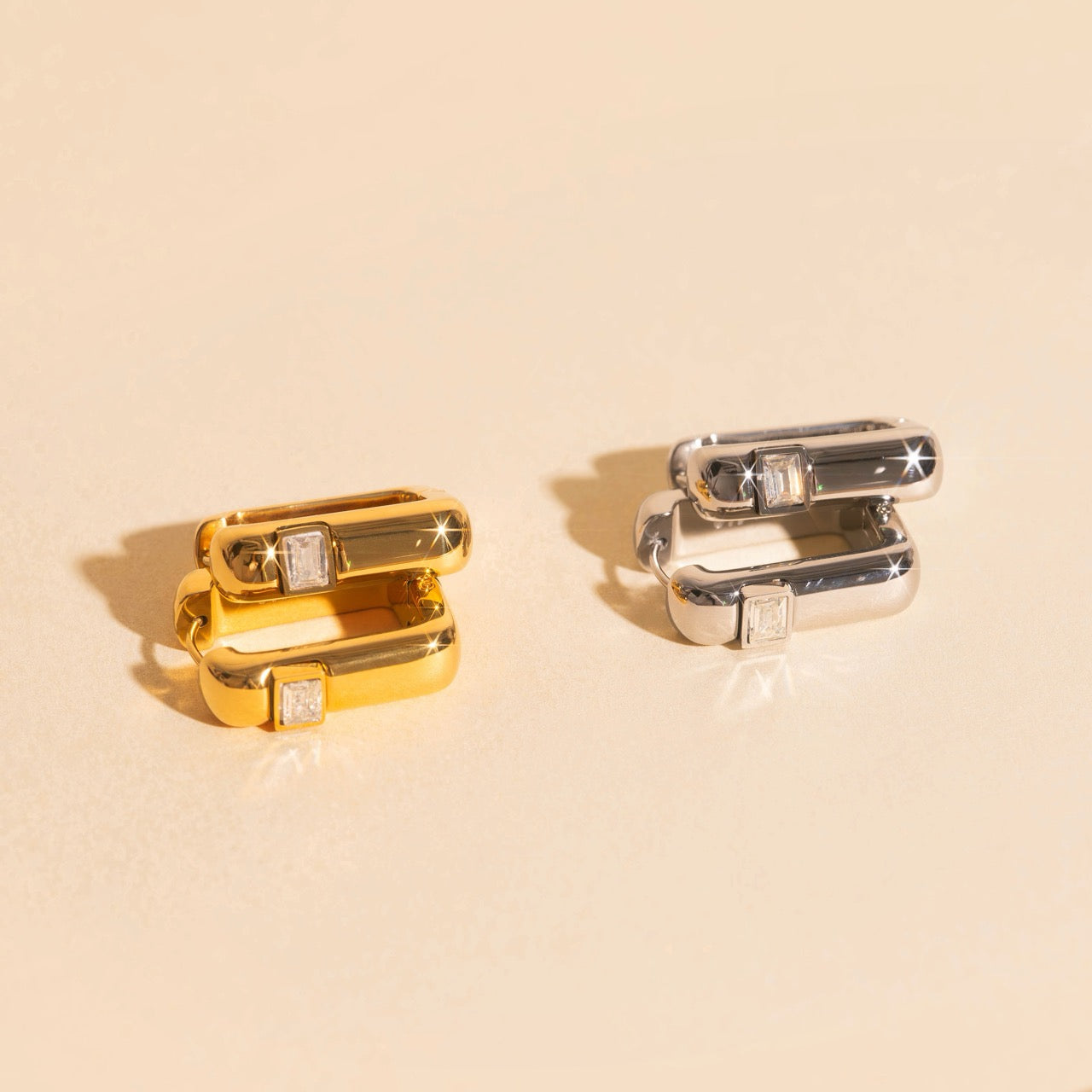 Crystal Chunky Rounded Rectangle Huggie Hoop Earrings