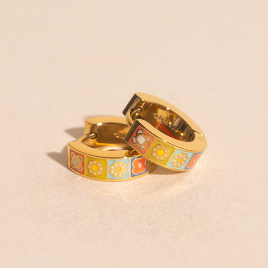 Quilted Flower Chunky Huggie Hoop Earrings