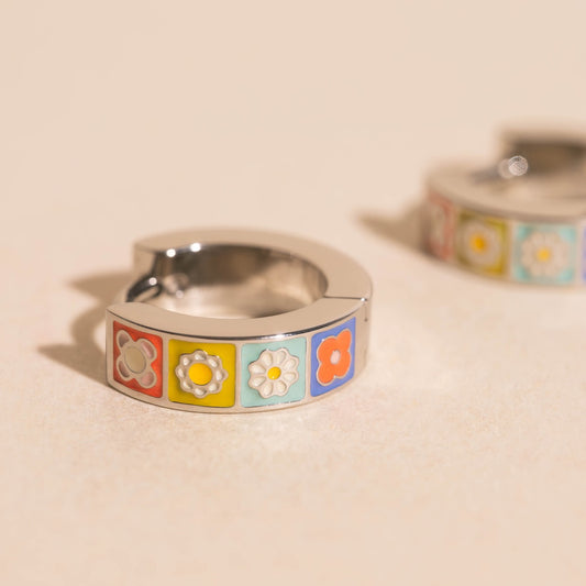 Quilted Flower Chunky Huggie Hoop Earrings