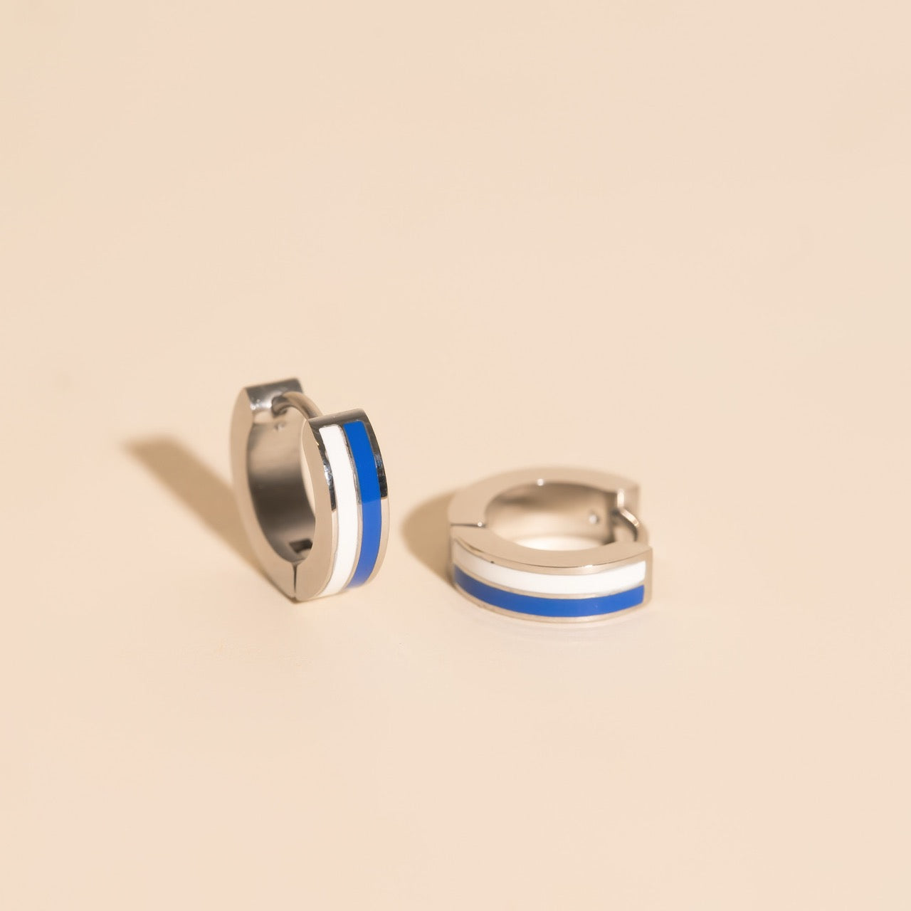 Blue & White Striped Chunky Huggie Hoop Earrings