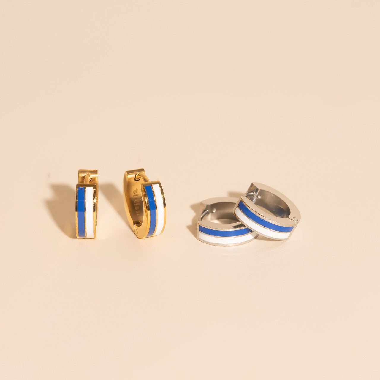 Blue & White Striped Chunky Huggie Hoop Earrings