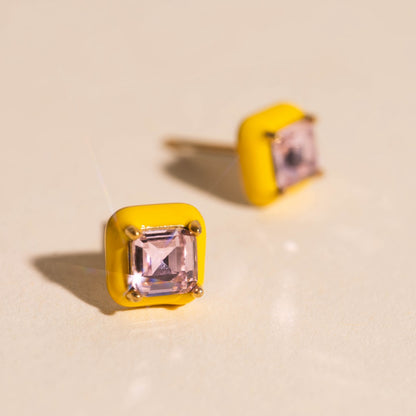 Neon Yellow Square Color Dab Stud Earrings