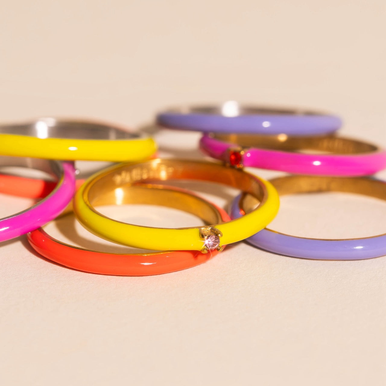 Neon Yellow & Pink Crystal Stacker Ring