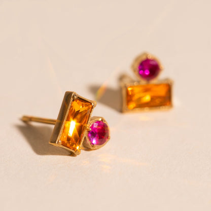 Neon Pink & Orange Crystal Stud Earring