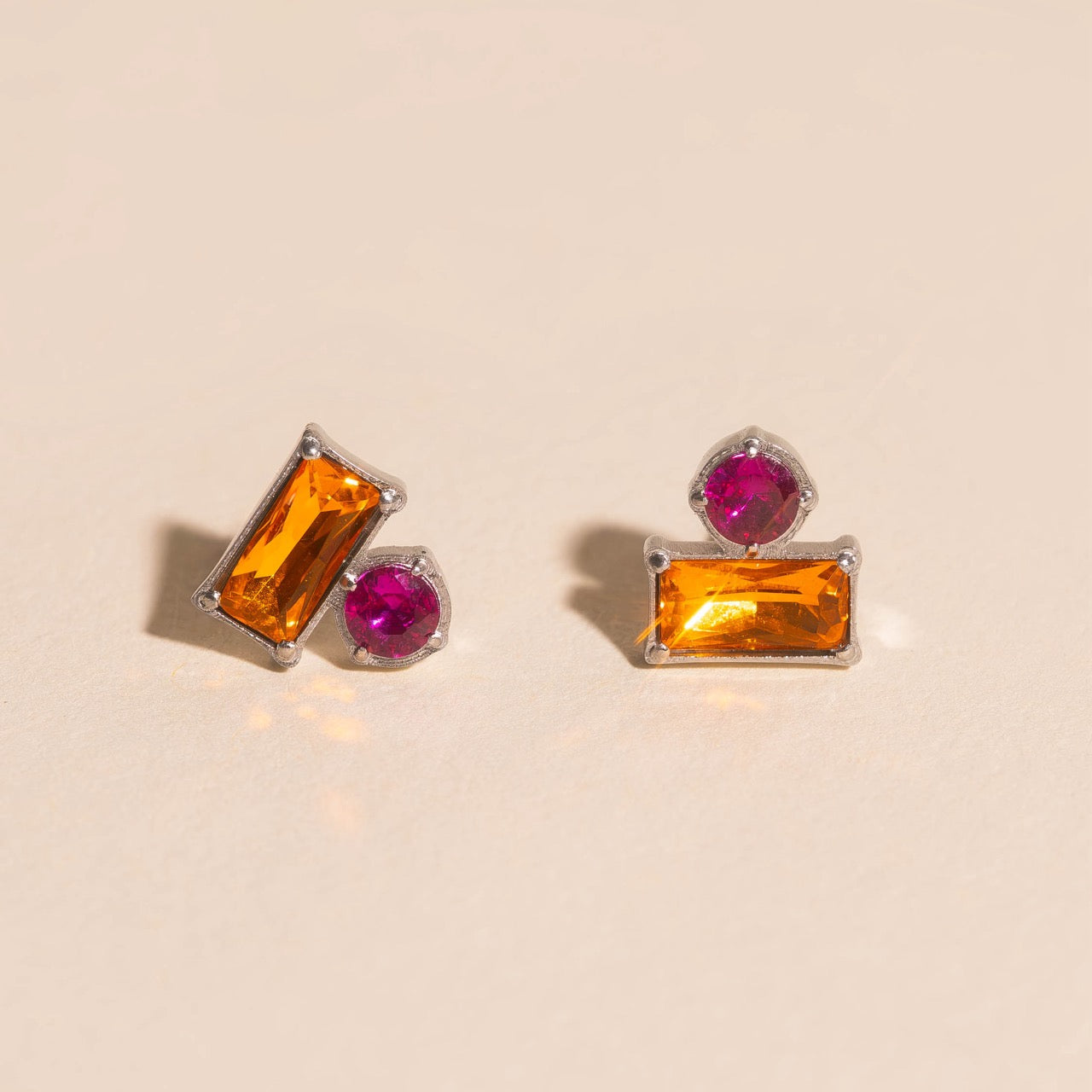 Neon Pink & Orange Crystal Stud Earring