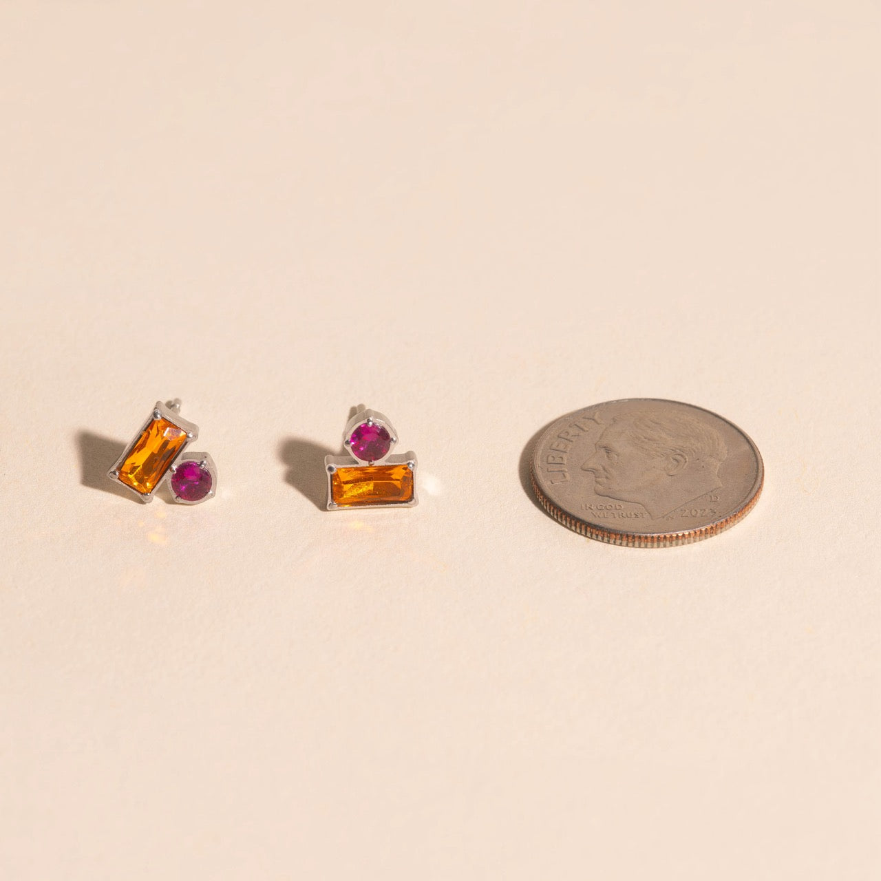 Neon Pink & Orange Crystal Stud Earring