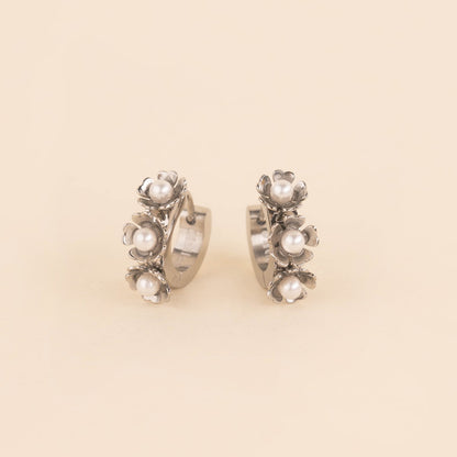 Pearl Flower Chunky 3D Huggie Hoop Earrings