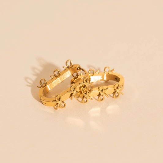 Stacked Rope Bow Oblong 3D Huggie Hoop Earrings