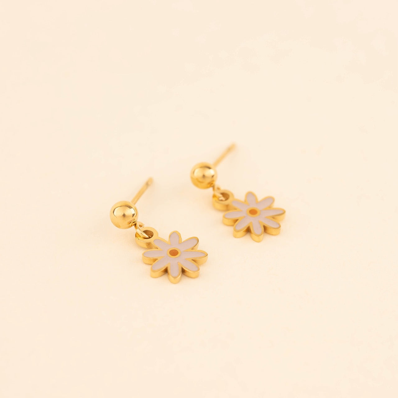 Cream Flower Drop Stud Earrings