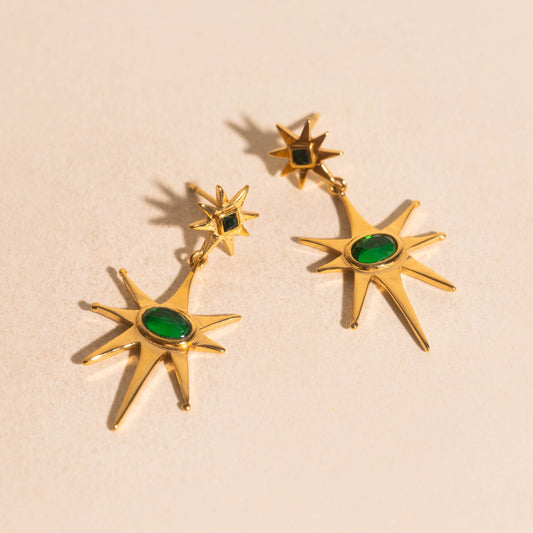 Emerald Star Drop Stud Earrings