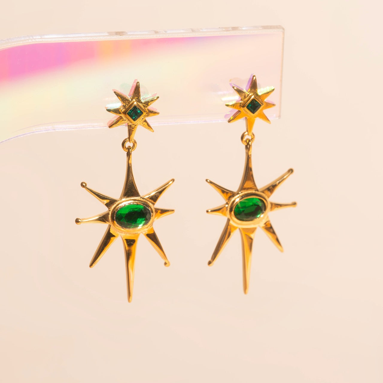 Emerald Star Drop Stud Earrings