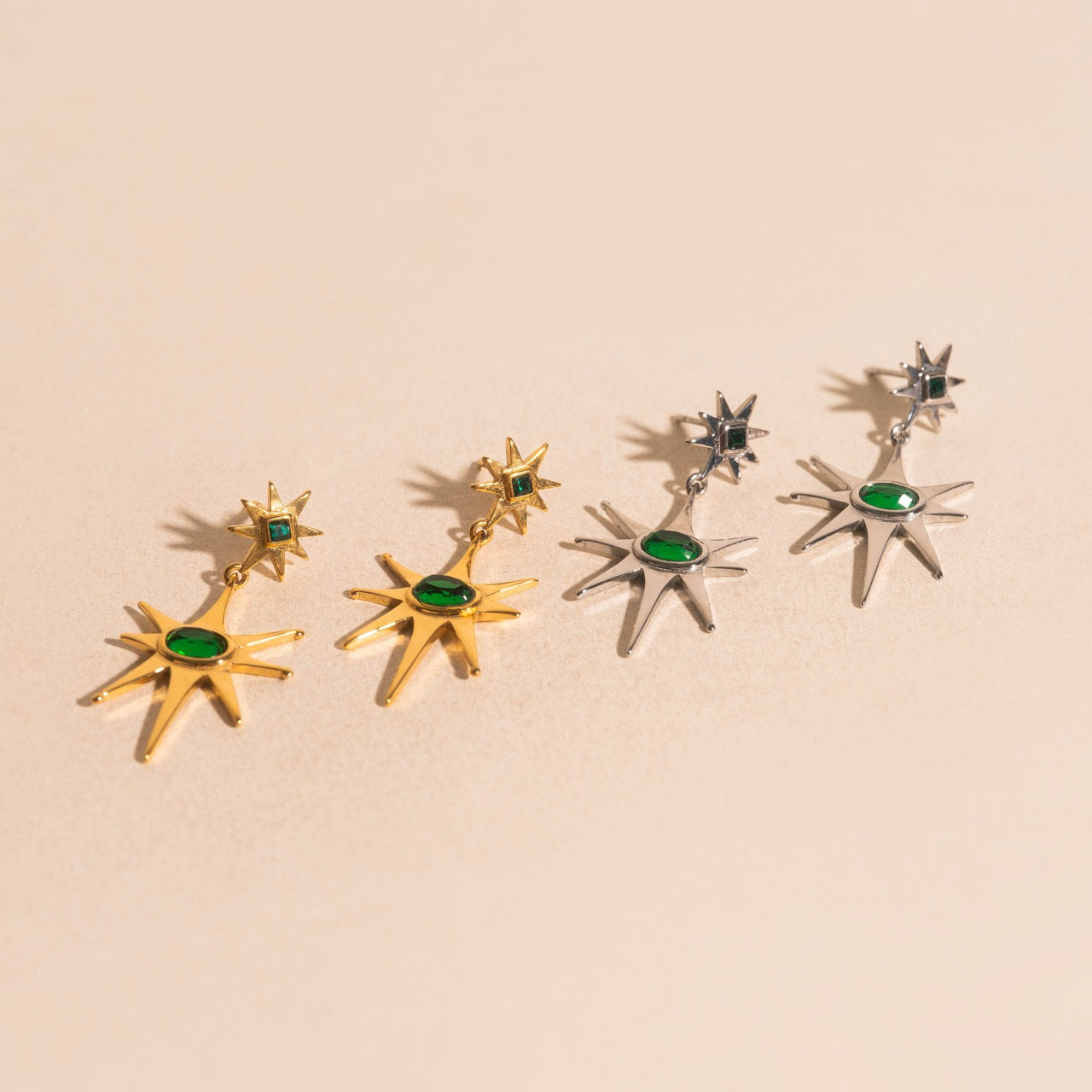 Emerald Star Drop Stud Earrings