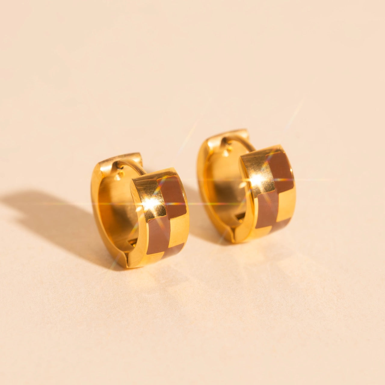 9mm Block Checkered Super Chunky Huggie Hoop Earrings