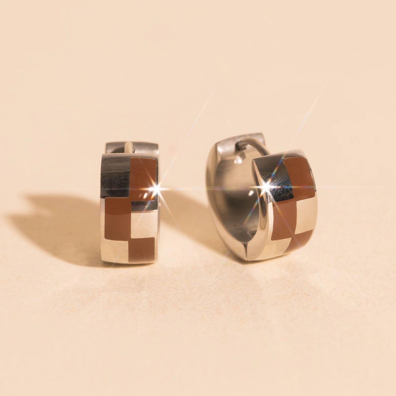 9mm Block Checkered Super Chunky Huggie Hoop Earrings