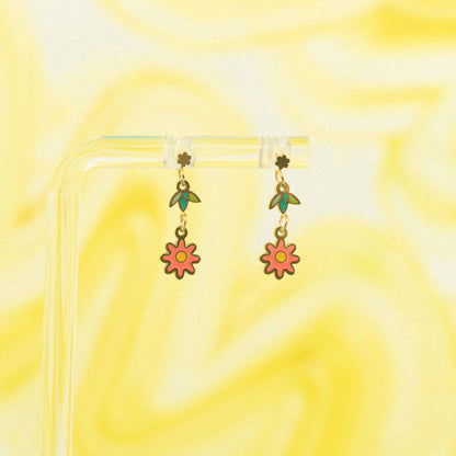 Coral and Green Flower Drop Earrings